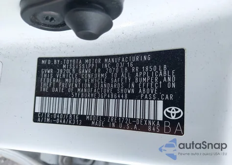 2016 Toyota Corolla Le from USA, damaged, VIN 5YFBURHE3GP486448